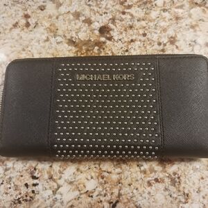 Michael Kors Black Studded Zip Around Saffiano Leather Continental Wallet